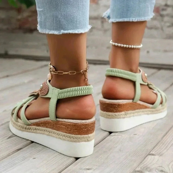 Women's Casual Roman Style Beaded Straw Rope Sandals With Wedge Heels - Picture 6 of 8